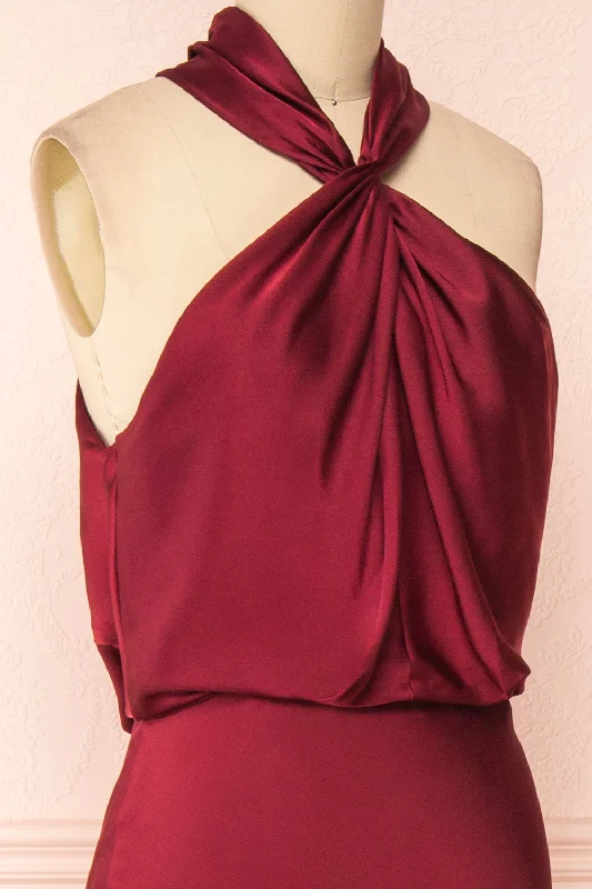 Jinny Burgundy | Satin Halter Maxi Dress