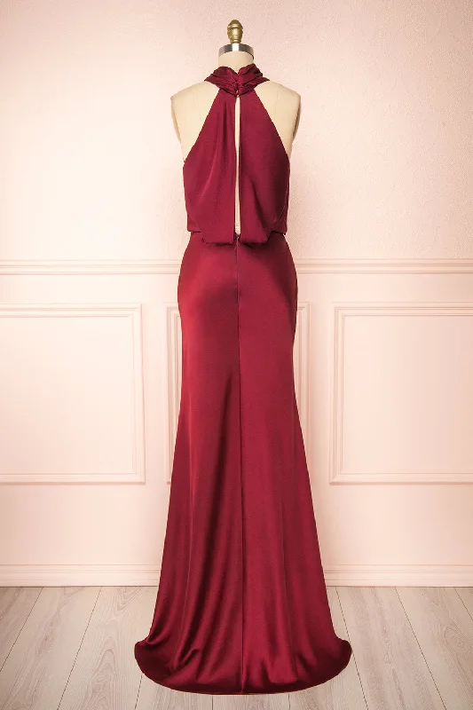 Jinny Burgundy | Satin Halter Maxi Dress