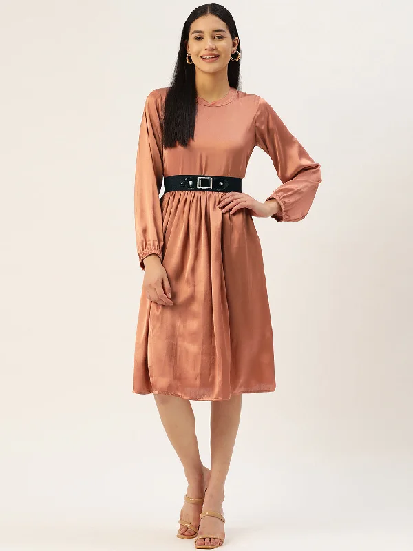 Women Peach-Coloured Satin Dress with Belt