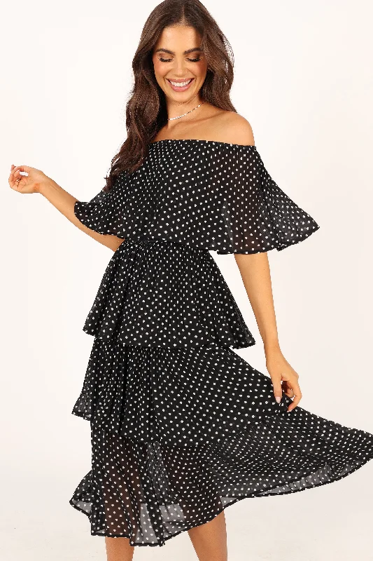 Lilli Tiered Midi Dress - Black White Polka Dot