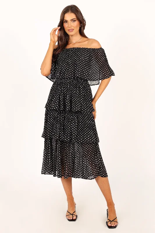 Lilli Tiered Midi Dress - Black White Polka Dot