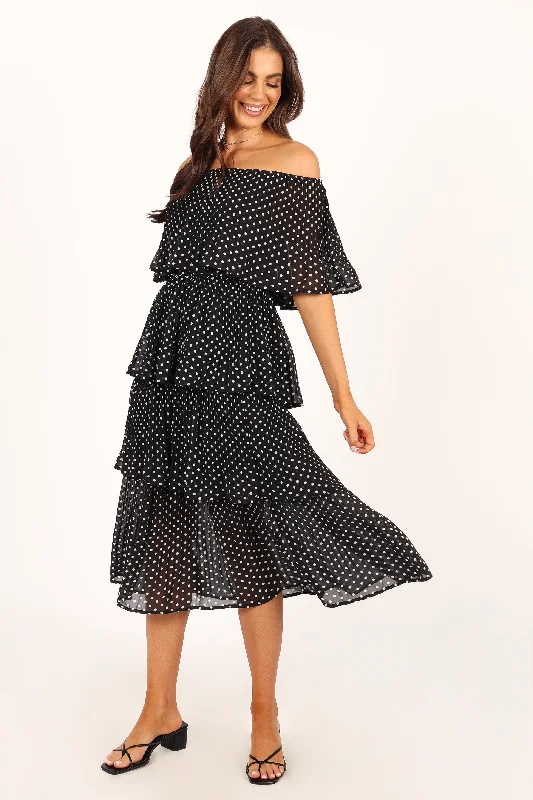 Lilli Tiered Midi Dress - Black White Polka Dot