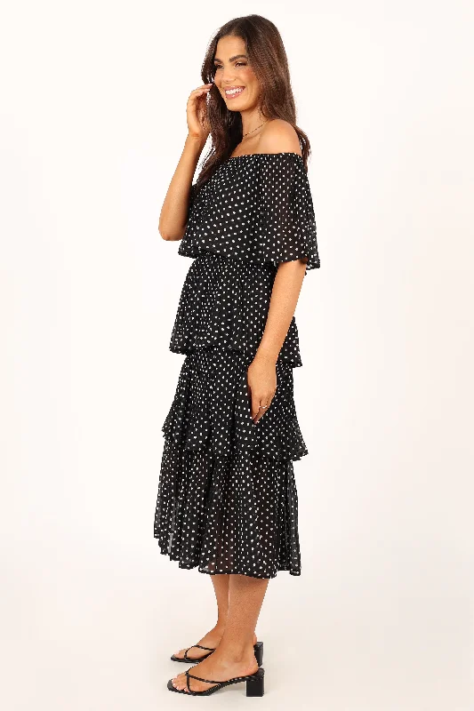 Lilli Tiered Midi Dress - Black White Polka Dot