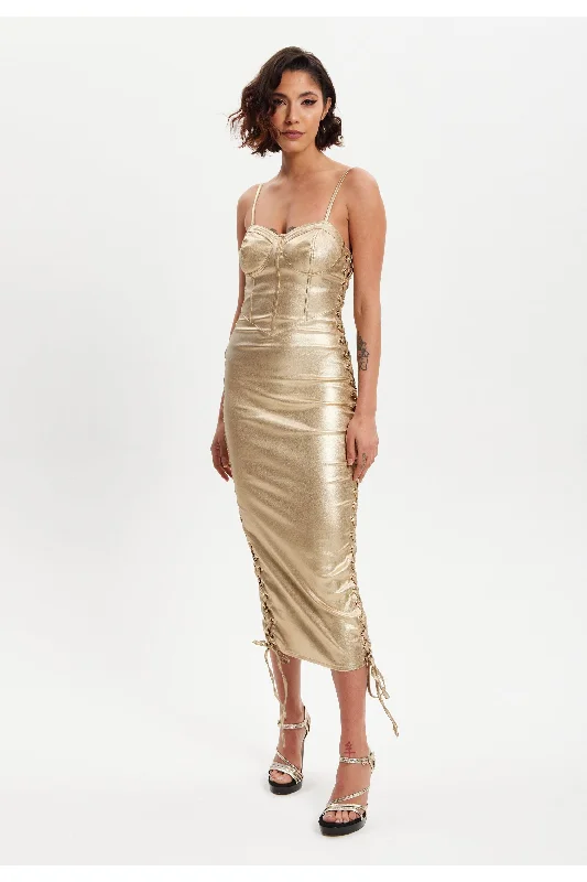 Liquorish Metallic Foil Gold Lycra Eyelet Dress