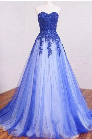 Long Sweetheart Lace Beading Elegant Modest Royal Blue Prom Dress,Ball Gown Prom Dress OK246