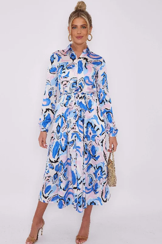 LOVE SUNSHINE Blue Paisley Print White Satin Midaxi Shirt Dress