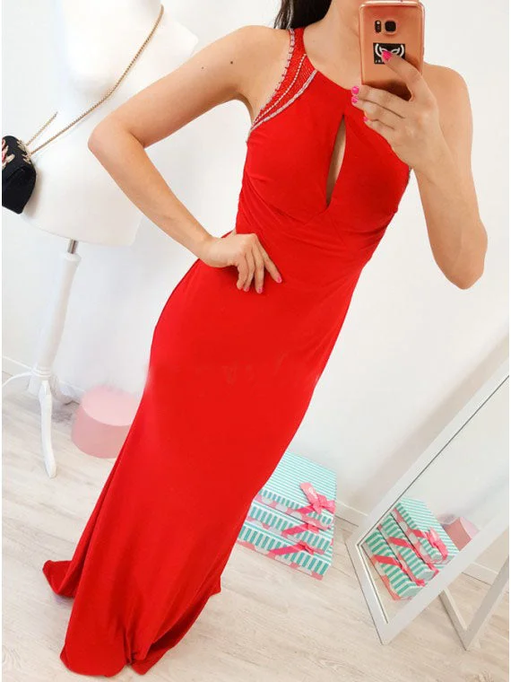 Mermaid Crew Open Back Floor-Length Red Prom Dress with Keyhole OKR7