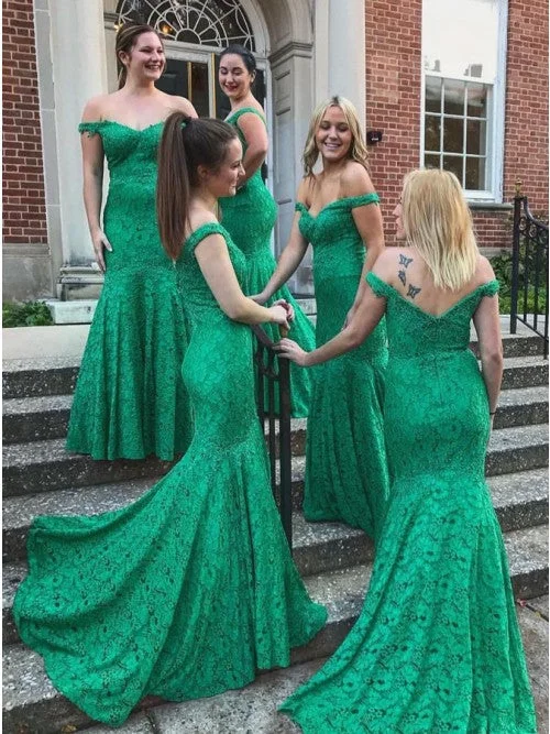 Mermaid Off-the-shoulder Sweep Train Green Lace Bridesmaid Dress OKR24