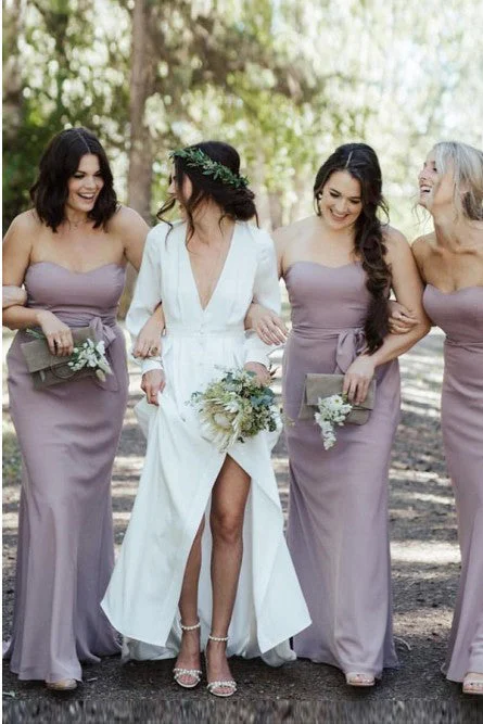 Mermaid Sweetheart Floor-Length Lilac Chiffon Bridesmaid Dress with Belt OKR95