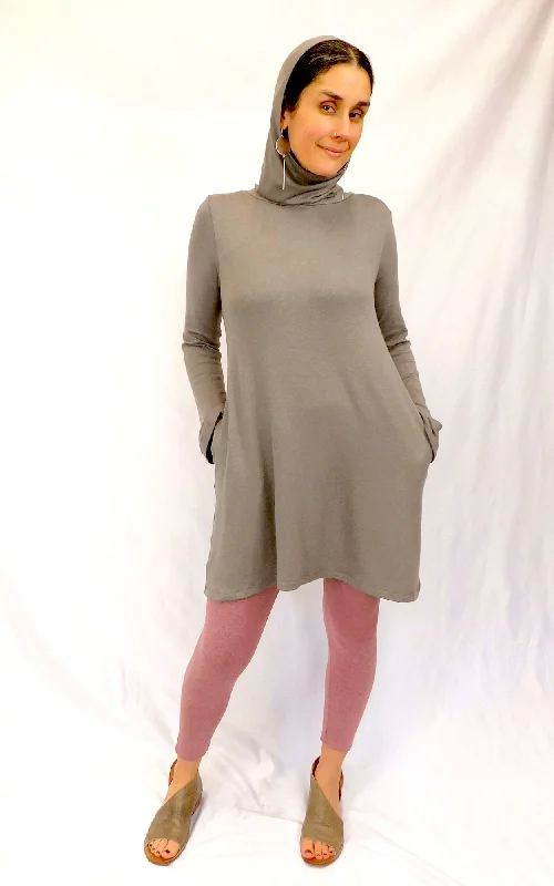 Modal Cotton Spring Sweater Tunic w/Hood & Pockets - Mink