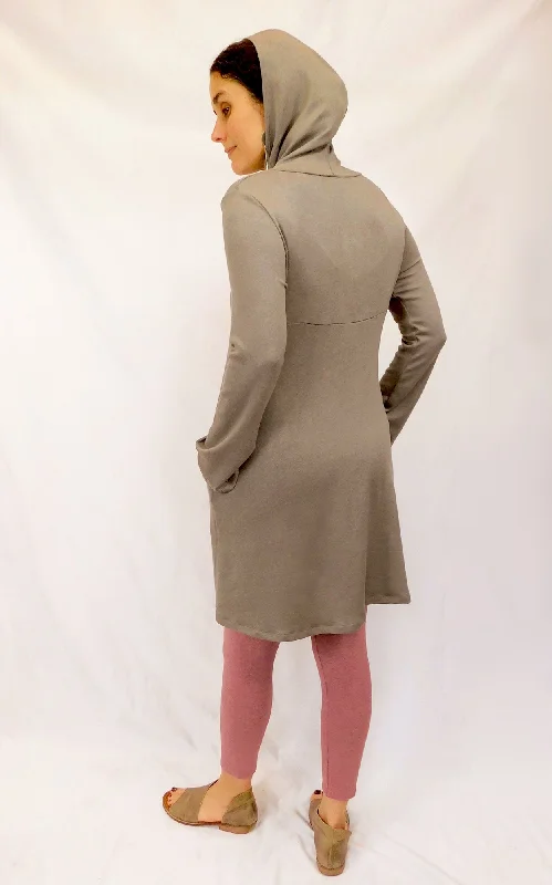 Modal Cotton Spring Sweater Tunic w/Hood & Pockets - Mink