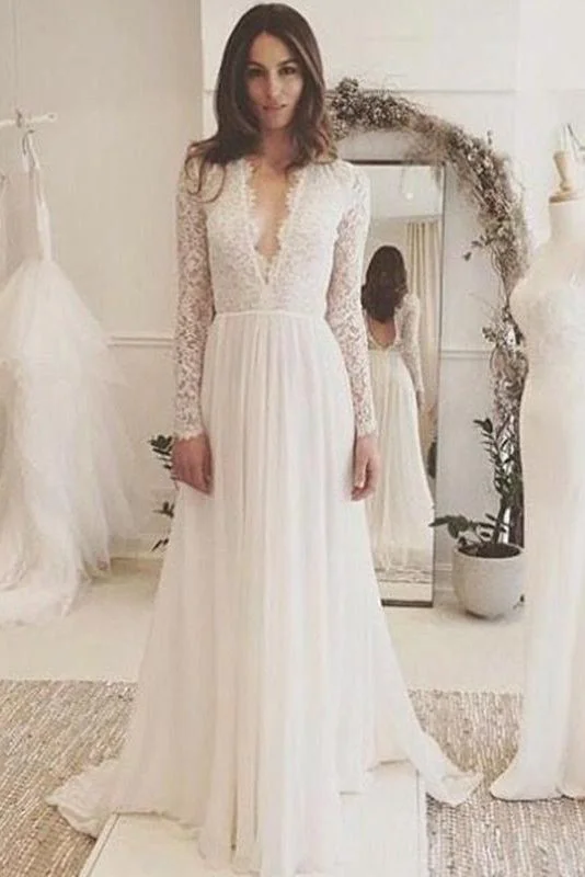 Off White Chiffon Long Sleeves Wedding Dresses,Simple A Line V Neck Lace Prom Dress OK868