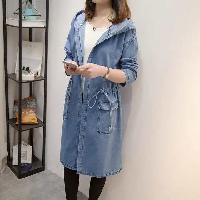 Plus Size Women's Clothing Denim Jacket Fashion Casual Retro Loose Drawstring Slim Pleated Hooded Windbreaker Jeans Jaqueta K190