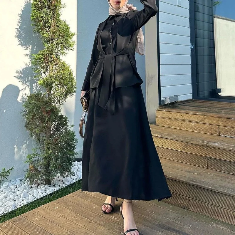 Ramadan Abaya Solid Colour Elegant Tie Long Sleeve Long Muslim Dubai Summer Dress