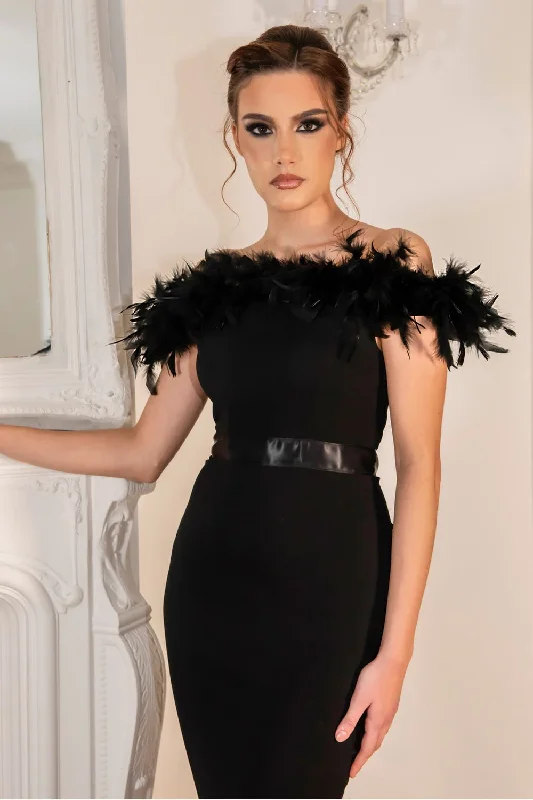 Saint A Crystal Fishtail Bardot Feather Trim Dress