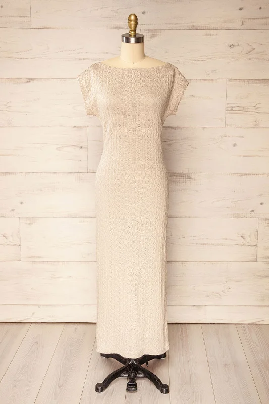 Selana Beige | Knit Maxi Dress w/ Back Slit