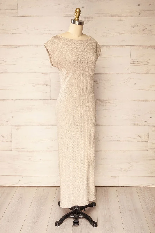 Selana Beige | Knit Maxi Dress w/ Back Slit