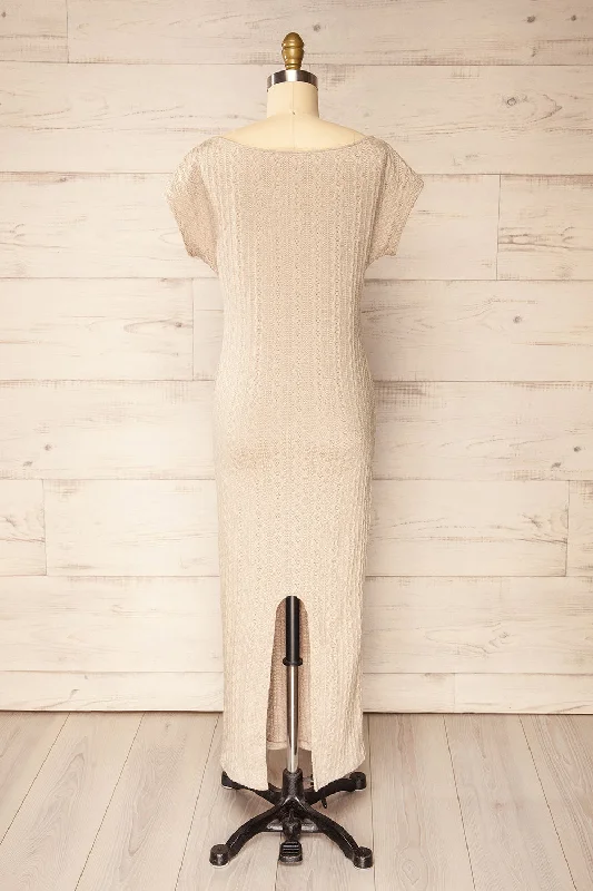 Selana Beige | Knit Maxi Dress w/ Back Slit