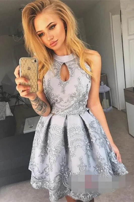 Sexy High Neck A Line Lace Mini Short Homecoming Dress,Graduation Party Dresses OKC17