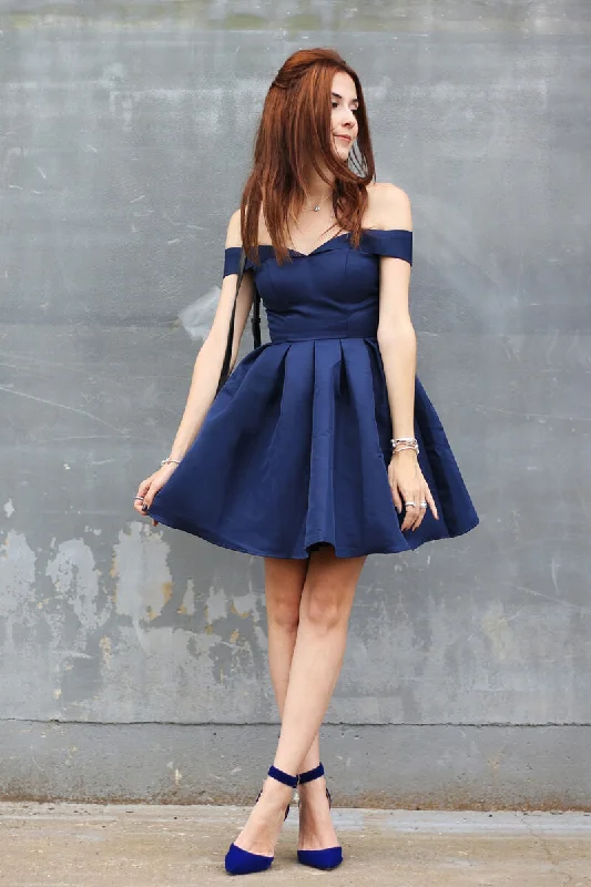 Simple Dark Blue A-Line Off-The-Shoulder Satin Short Homecoming Dresses With Pleats OK468