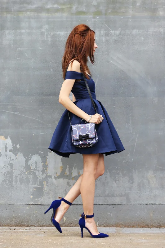 Simple Dark Blue A-Line Off-The-Shoulder Satin Short Homecoming Dresses With Pleats OK468