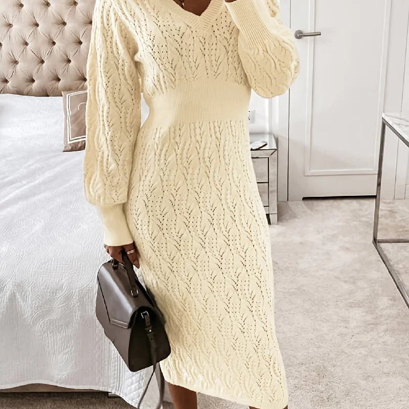 Sixsr Plus Size Casual Sweater Dress, Women's Plus Solid Eyelet Embroidered Long Sleeve V Neck Midi Sweater Dress