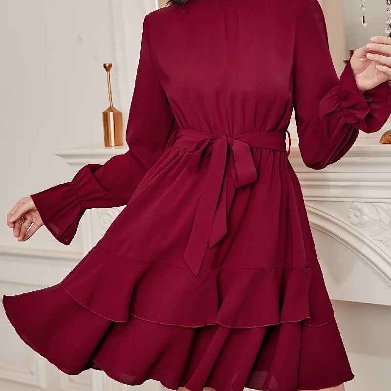 Sixsr Ruffle Hem Layered Dress, Elegant Long Sleeve High Neck Dress, Women's Clothing