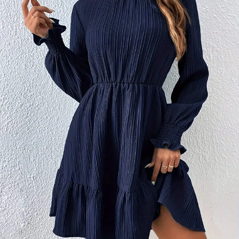 Sixsr Ruffle Hem Textured Solid Dress, Elegant Mock Neck Long Sleeve Dress, Women's Clothing