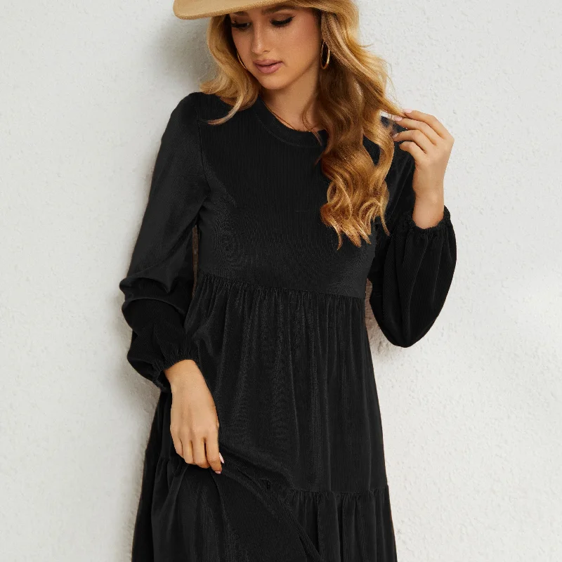 Sixsr Solid Tiered Dress, Casual Crew Neck Long Sleeve Dress, Women's Clothing