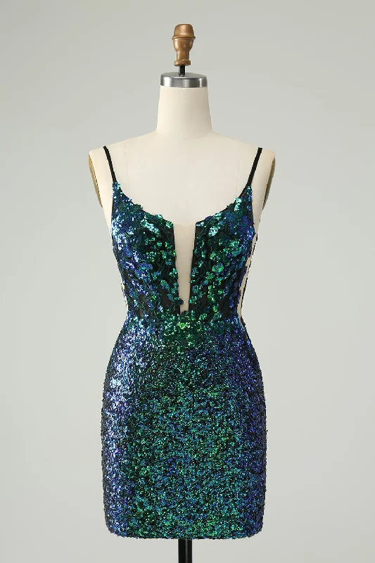 Sparkly Dark Green Spaghetti Straps Tight Short Homecoming Dress with Sequins