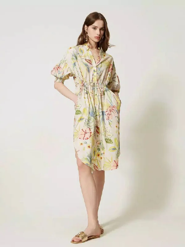 Twinset Printed Poplin Midi Shirt Dress Multi