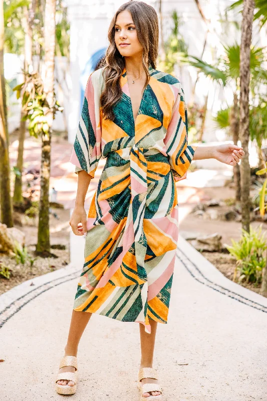 Vintage Resort Green Abstract Midi Dress