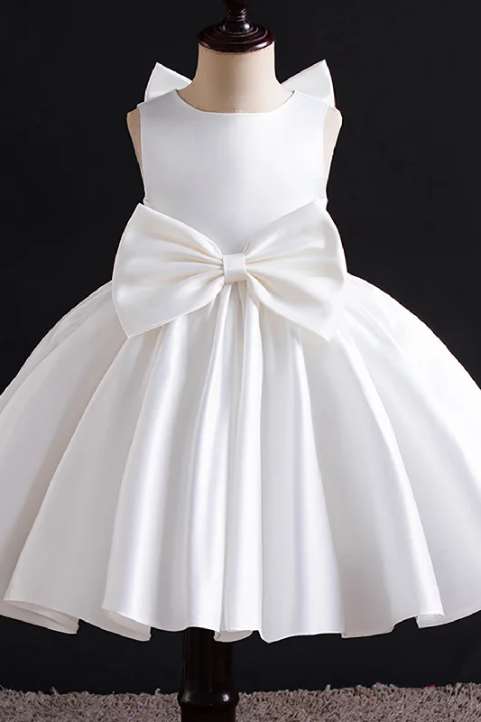 White A Line Pleated Satin Girl Dress With Bowknot