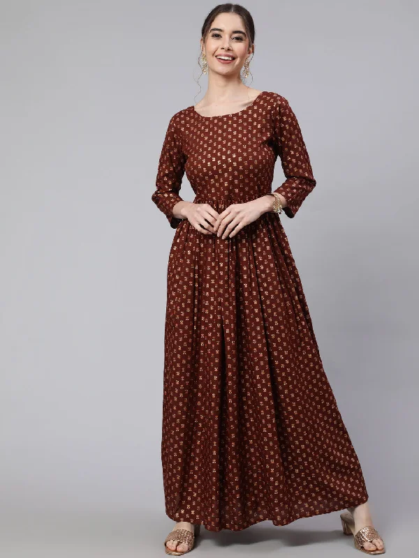 Wome Brown Printed Flared Dress With Three quarter Sleeves