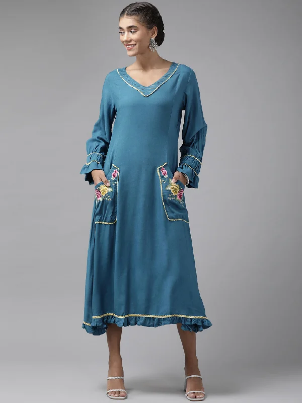 Women's Teal Blue Embroidered Detail Ethnic A Line Midi Dress - Yufta