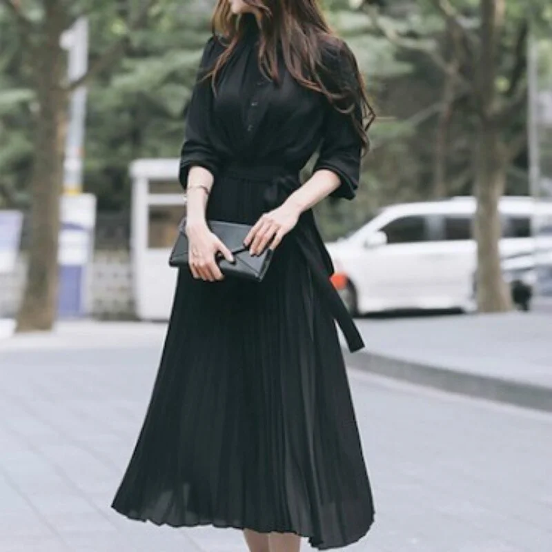 Women's Dress Spring Pleated Fashion New Plaid Slim High Wasit Long Temperament Office Female Dresses Long Sleeve Casual