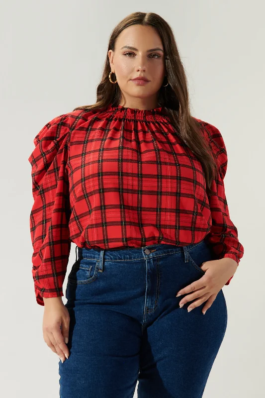 Woodland Red Plaid Drape Sleeve Top Curve