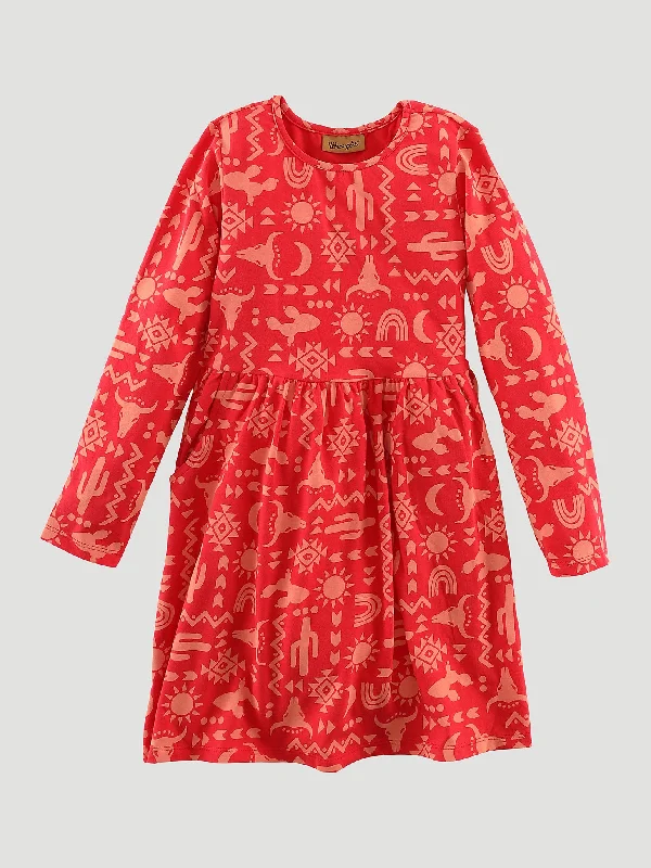 Girl's Long Sleeve Printed Pocket Dress In Red