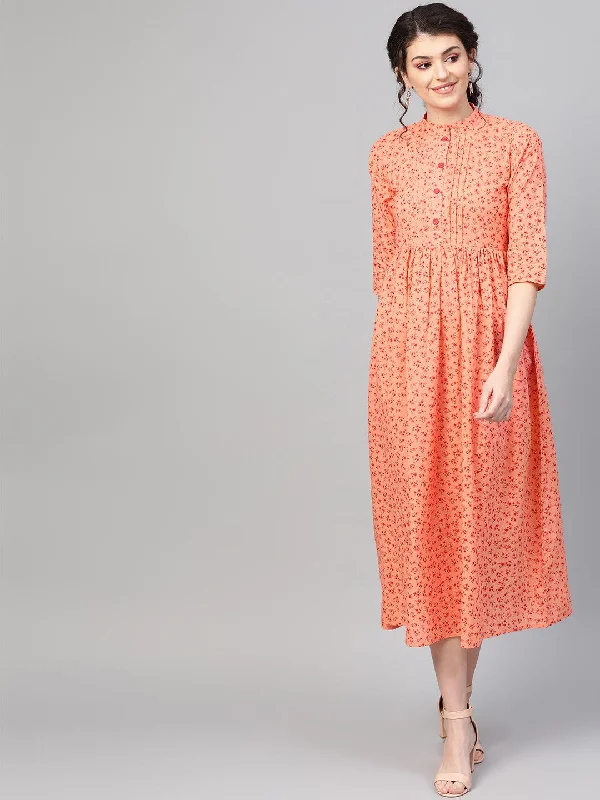 Women's Peach &  Floral Printed Maxi Dress - Nayo Clothing