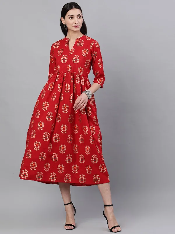 Women's Red Ethnic Motifs Printed Mandarin Collar Viscose Rayon Maxi Dress - Nayo Clothing