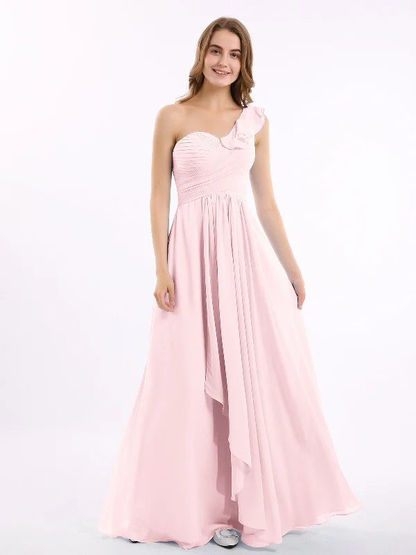 One ruffle Shoulder Long Bridesmaid Dress Blushing Pink