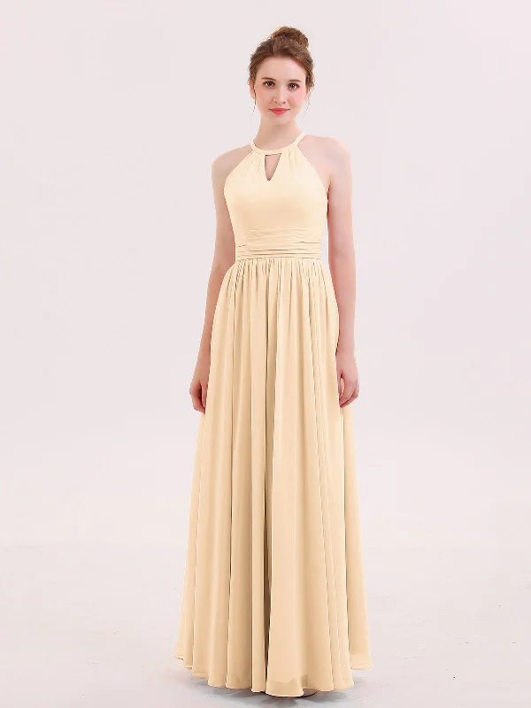 Halter Long Chiffon Dress of Bridesmaids Peach