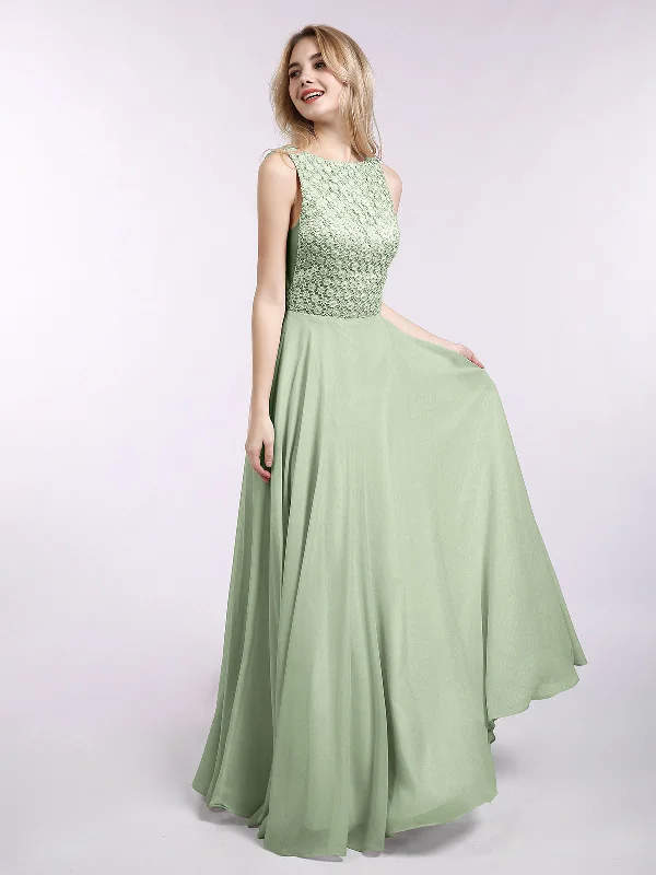 Lace Bodice Chiffon Skirt Long Gown-Dusty Sage