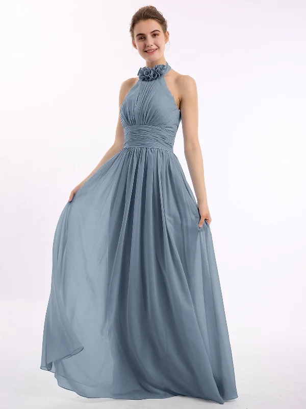 Halter Chiffon Full Length Dress with Flowers-Dusty Blue