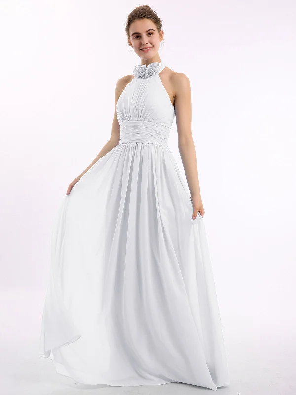 Halter Chiffon Full Length Dress with Flowers-White