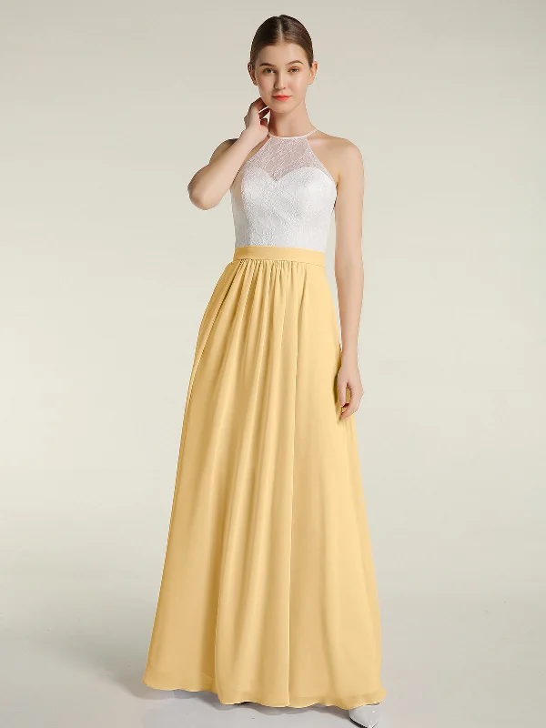 Chiffon Long Dresses with Ivory Lace Bodice-Gold