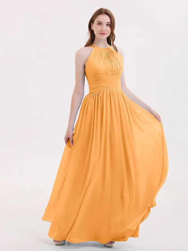 Double Strap Halter Long Chiffon Gowns-Tangerine