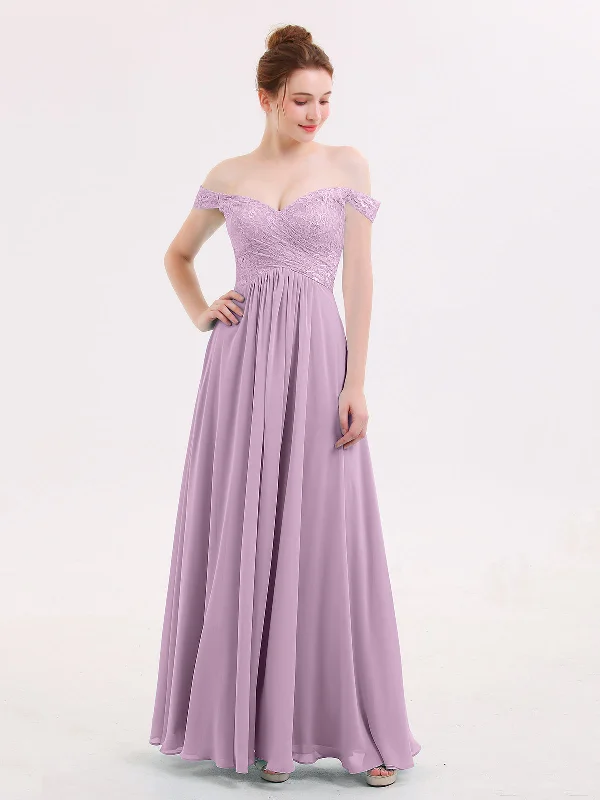 Off Shoulder Chiffon And Lace Empire Dress-Wisteria