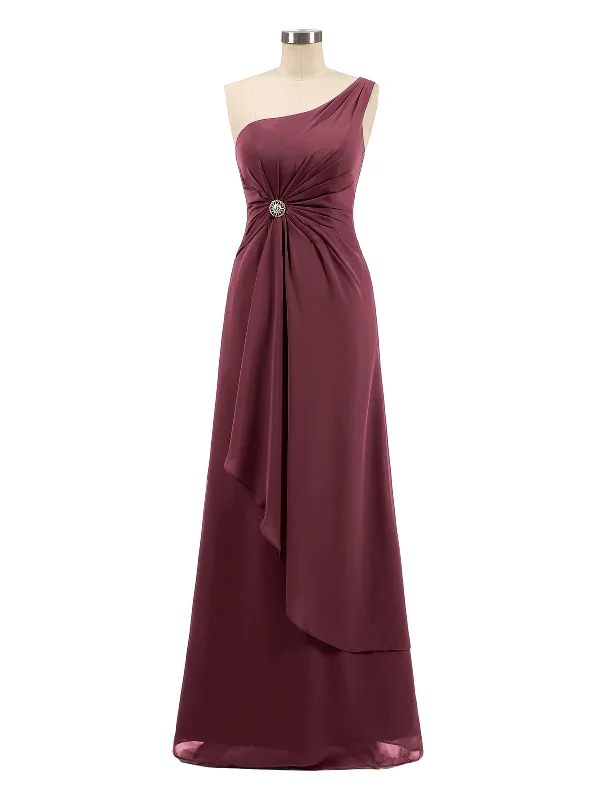 One Shoulder Chiffon Dress with Cascade Skirt-Cabernet