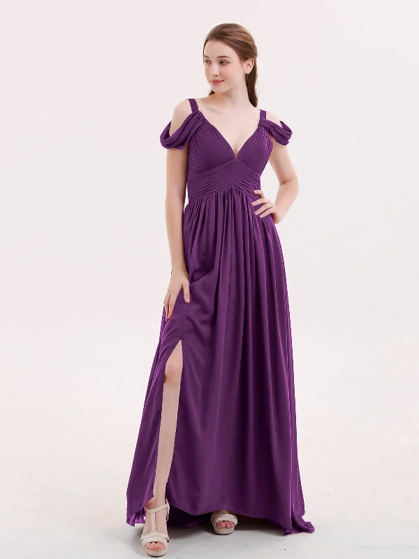 Deep V Neck Sexy Chiffon Dress with Slit-Grape